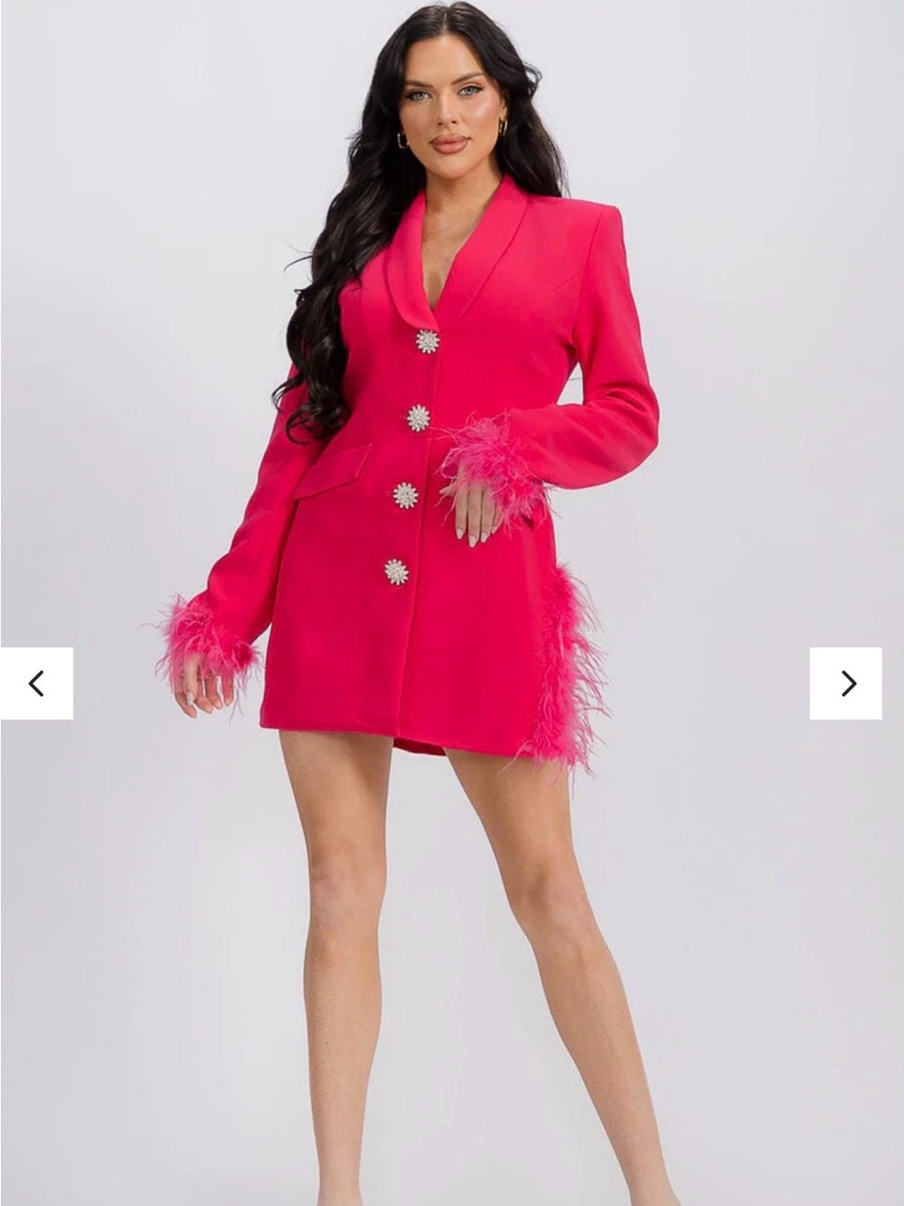 Women's Fuchsia Feather Cuff Mini Blazer Dress with Decorative Buttons